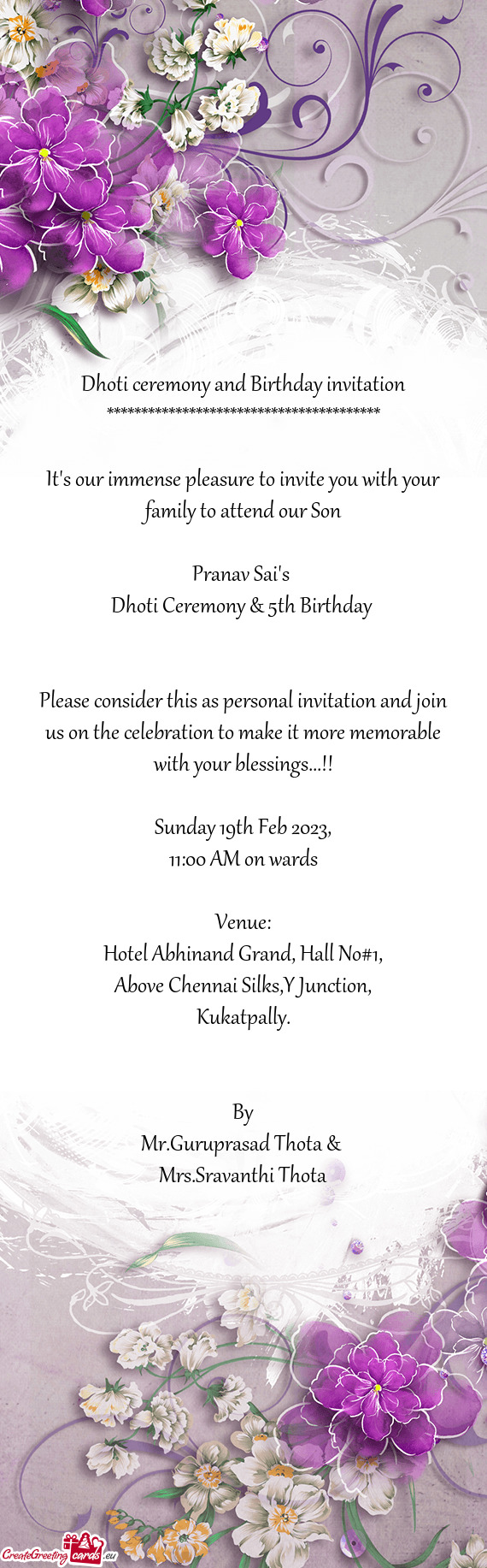 Dhoti ceremony and Birthday invitation