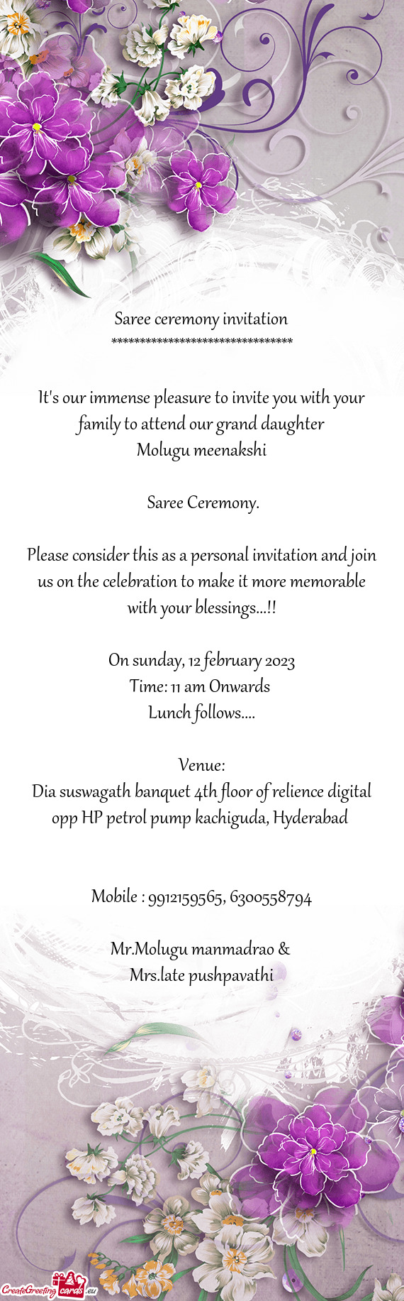 Dia suswagath banquet 4th floor of relience digital opp HP petrol pump kachiguda, Hyderabad