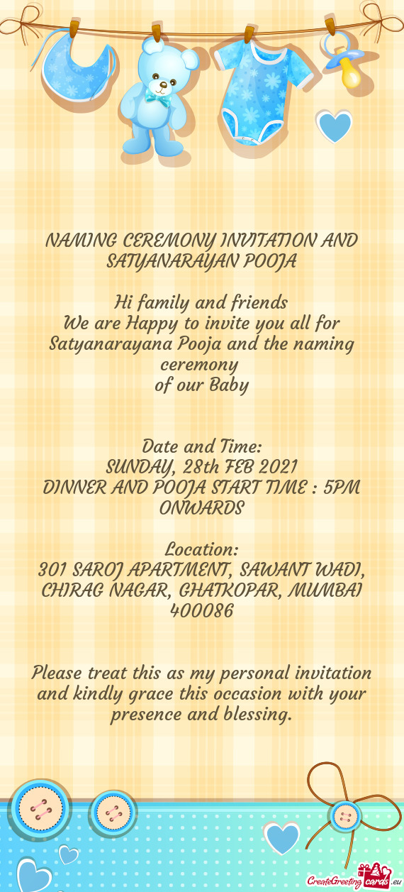 DINNER AND POOJA START TIME : 5PM ONWARDS