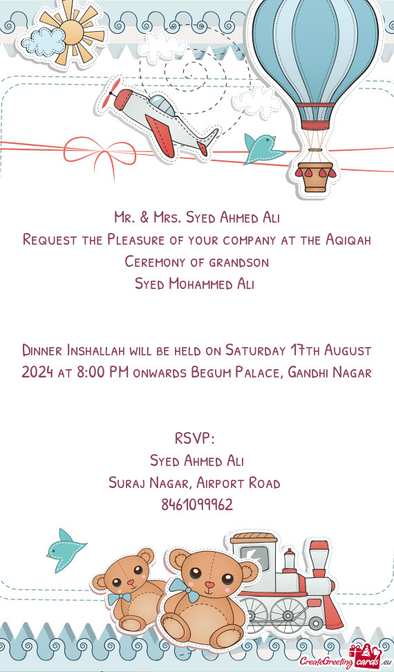 Dinner Inshallah will be held on Saturday 17th August 2024 at 8:00 PM onwards Begum Palace, Gandhi N