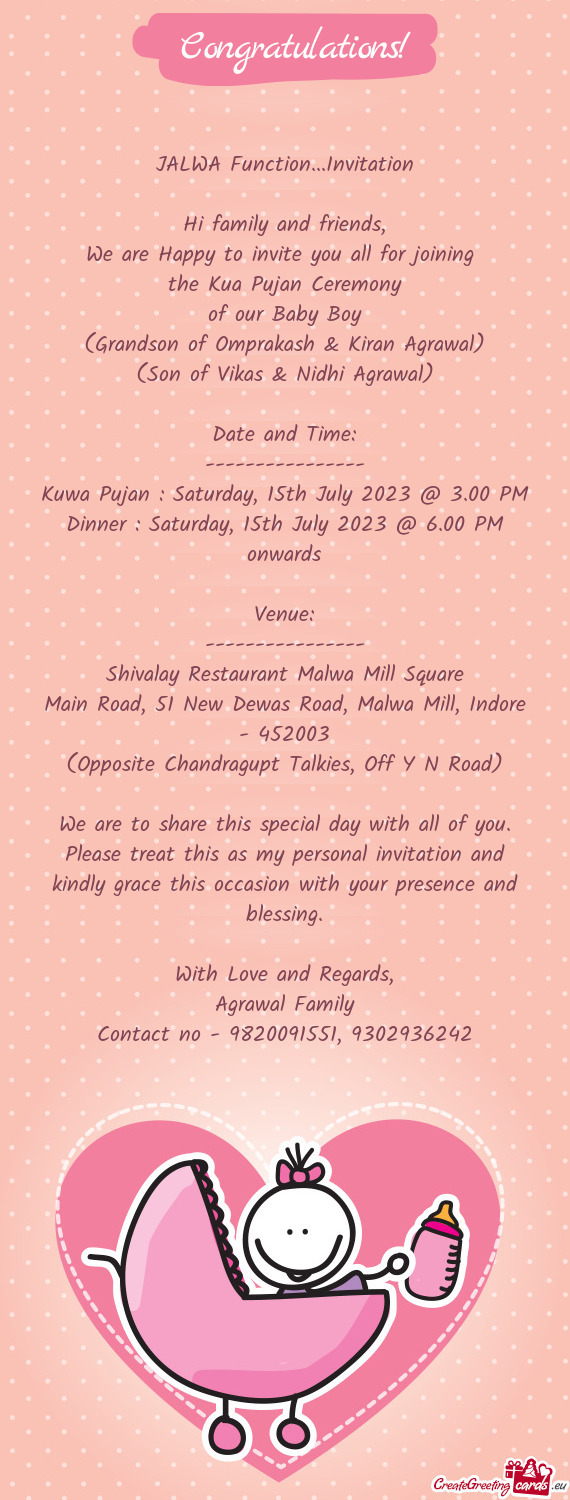 Dinner : Saturday, 15th July 2023 @ 6.00 PM onwards