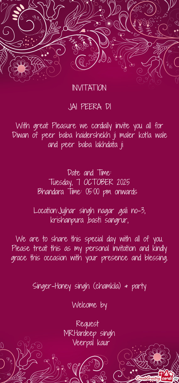 Diwan of peer baba haidershekh ji maler kotla wale and peer baba lakhdata ji