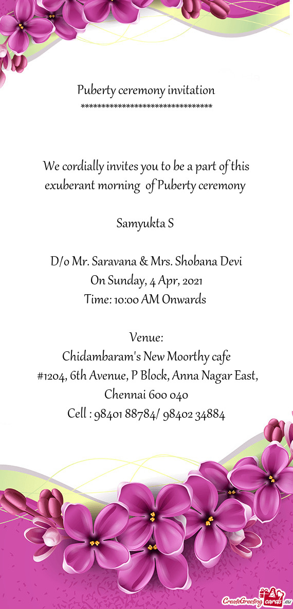 D/o Mr. Saravana & Mrs. Shobana Devi
