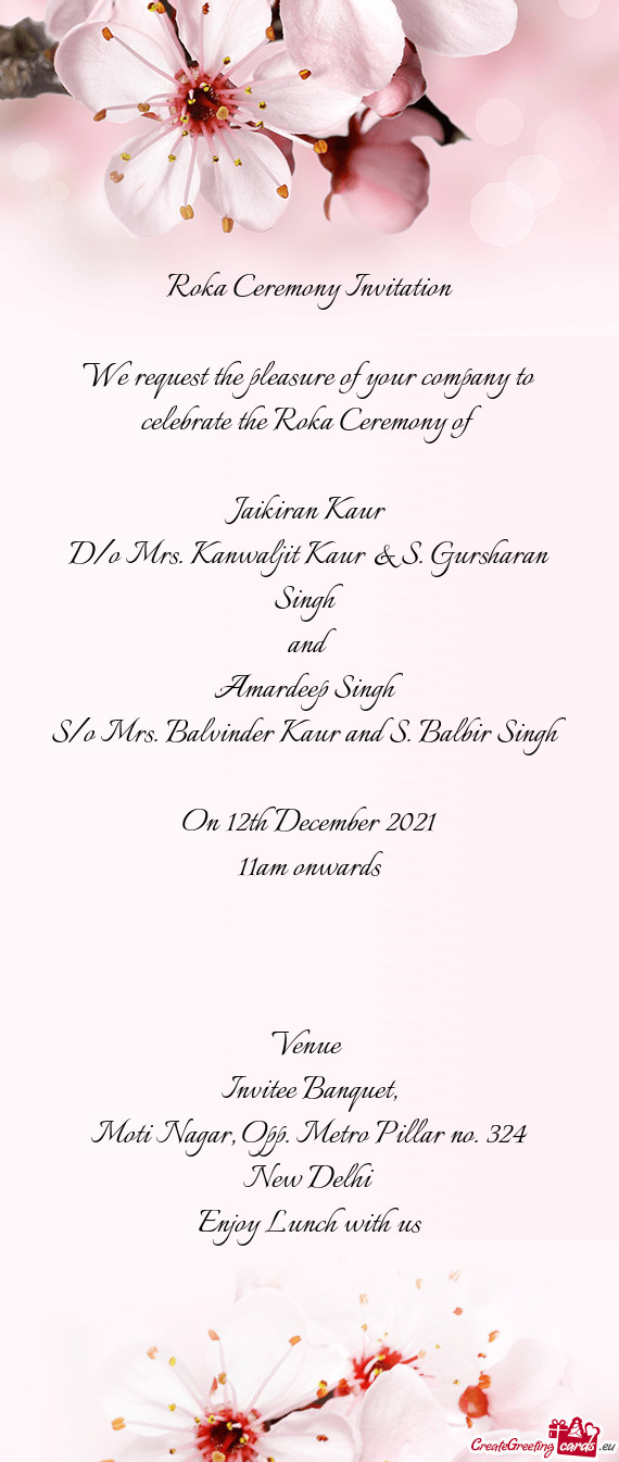 D/o Mrs. Kanwaljit Kaur & S. Gursharan Singh