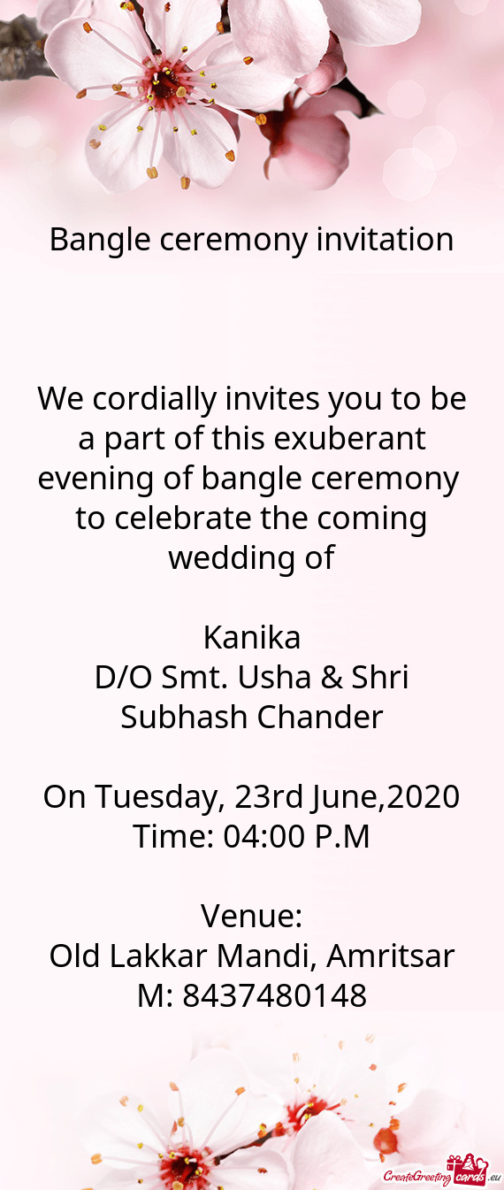 D/O Smt. Usha & Shri Subhash Chander