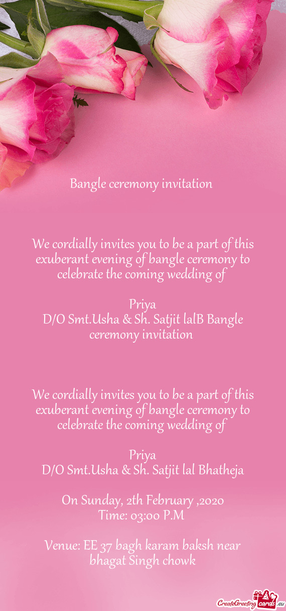 D/O Smt.Usha & Sh. Satjit lalB Bangle ceremony invitation