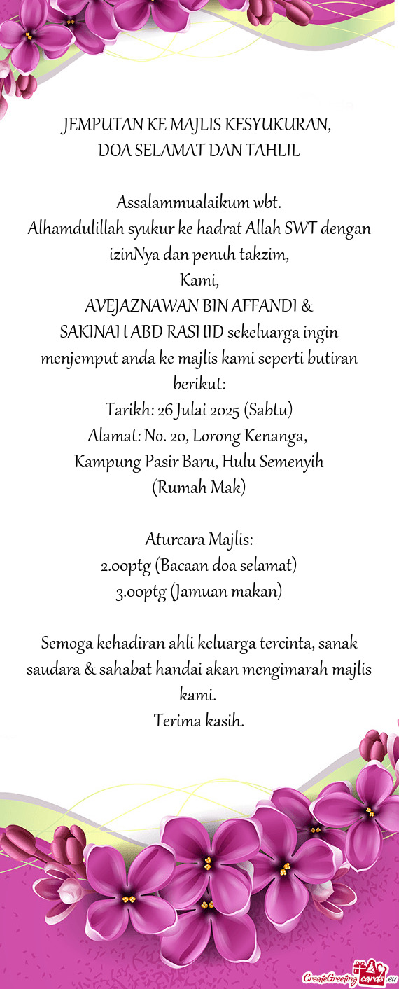 DOA SELAMAT DAN TAHLIL