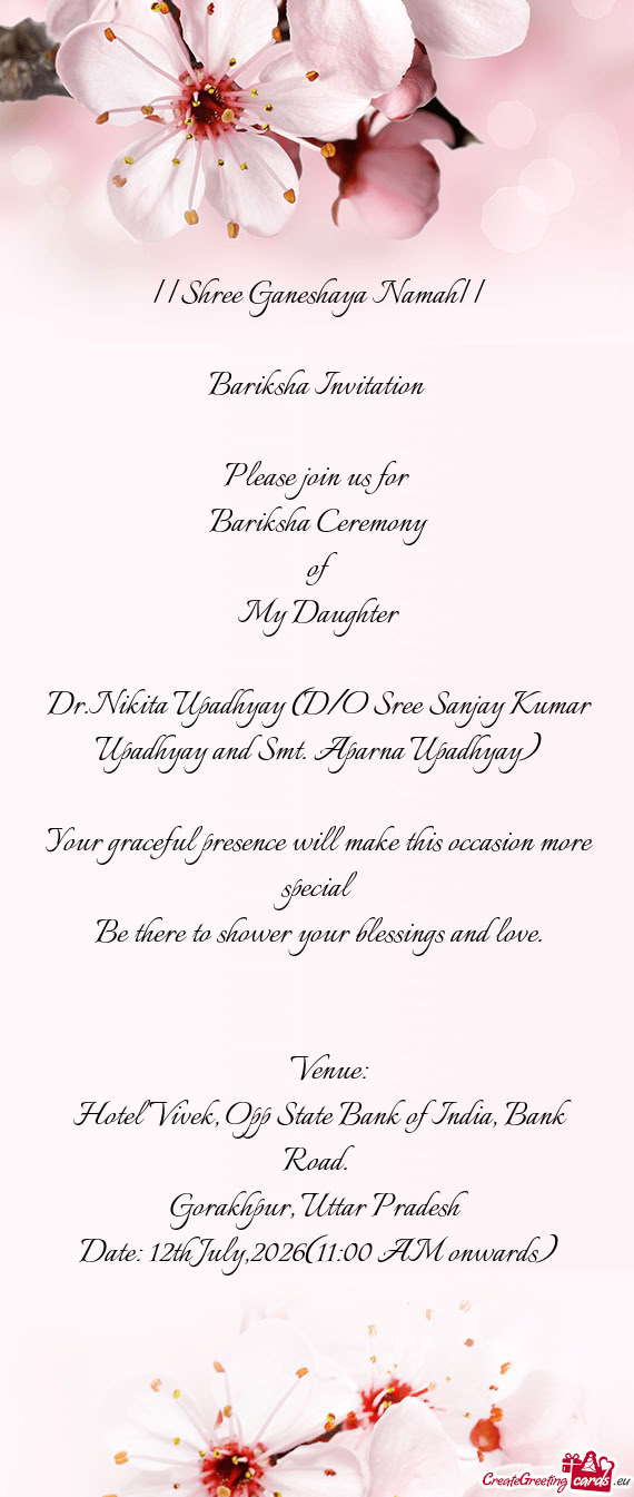 Dr.Nikita Upadhyay (D/O Sree Sanjay Kumar Upadhyay and Smt. Aparna Upadhyay)