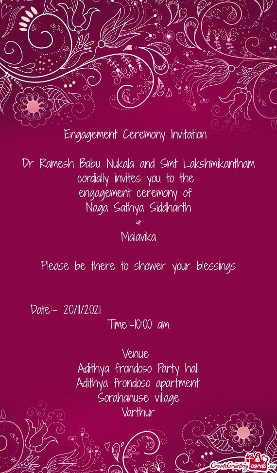 Dr Ramesh Babu Nukala and Smt Lakshmikantham cordially invites you to the