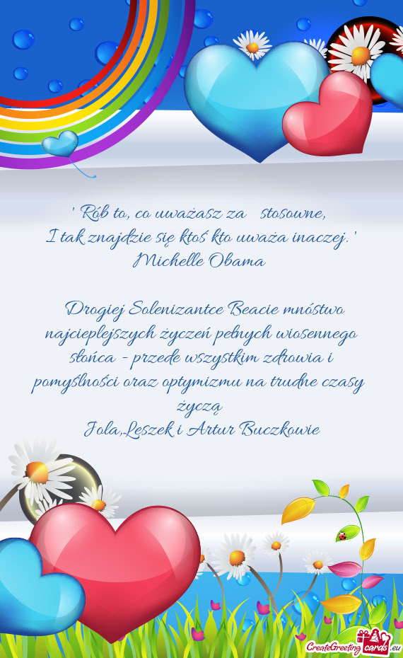 Drogiej Solenizantce Beacie mnóstwo najcieplejszych życzeń pełnych wiosennego słońca - przede