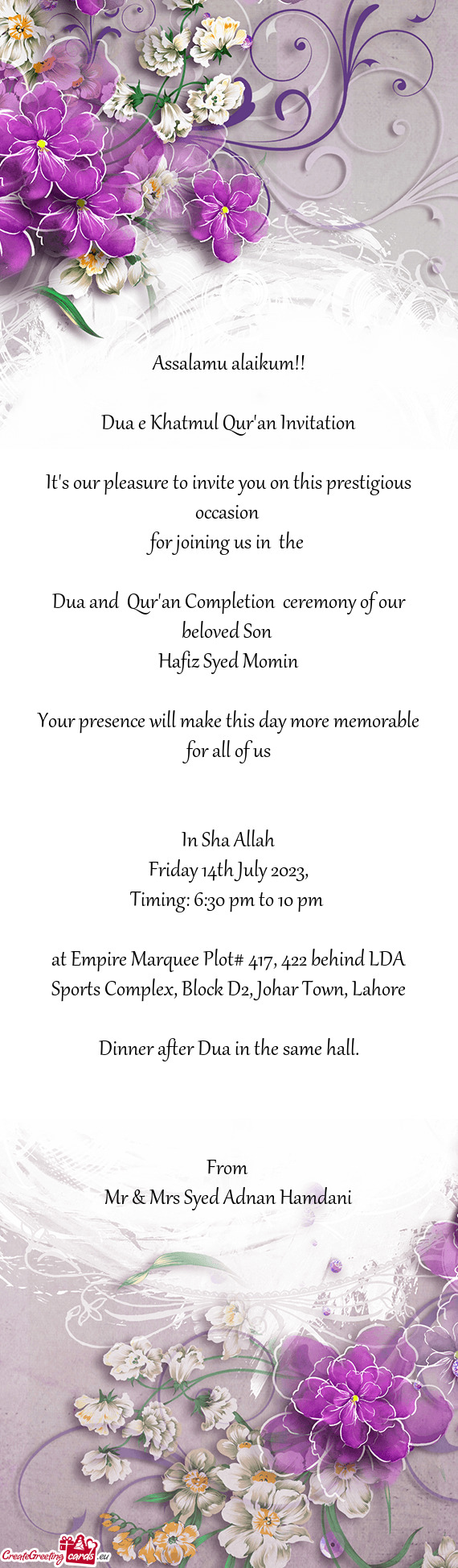 Dua e Khatmul Qur'an Invitation