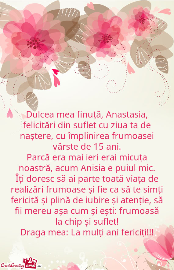 Dulcea mea finuță, Anastasia, felicitări din suflet cu ziua ta de naștere, cu împlinirea frumoa