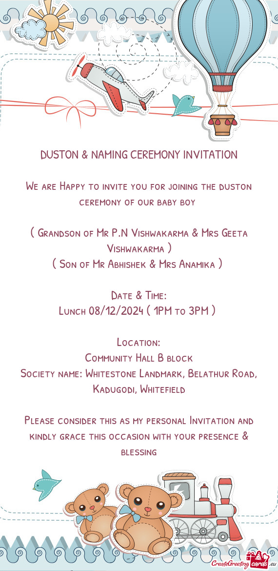 DUSTON & NAMING CEREMONY INVITATION