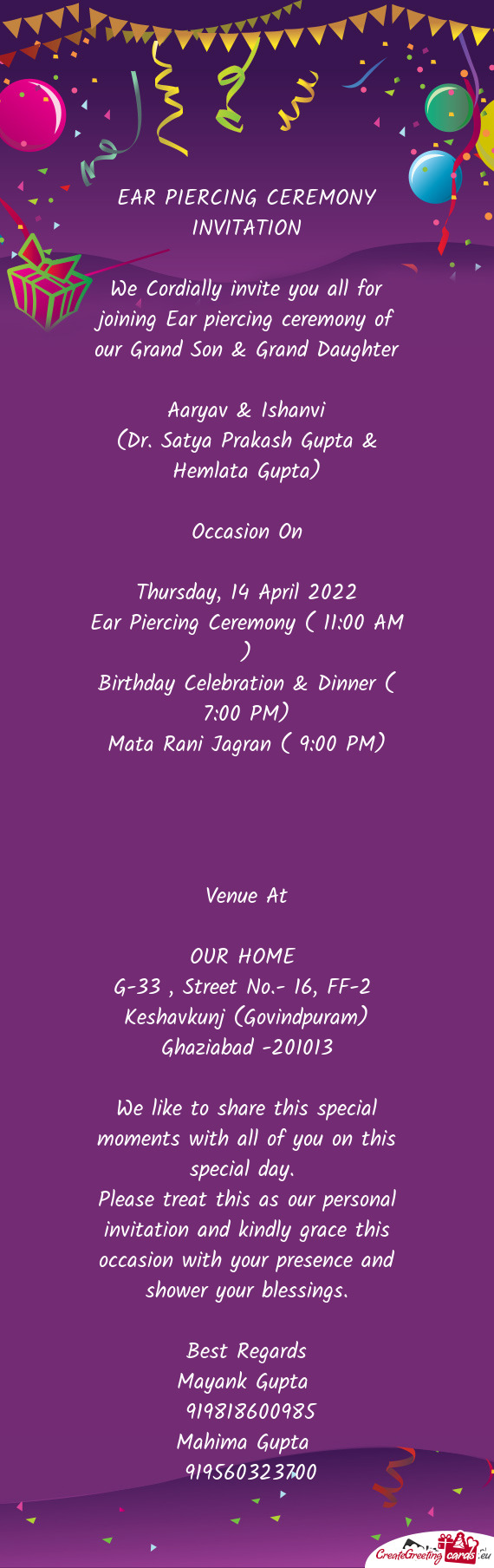 Ear Piercing Ceremony ( 11:00 AM )