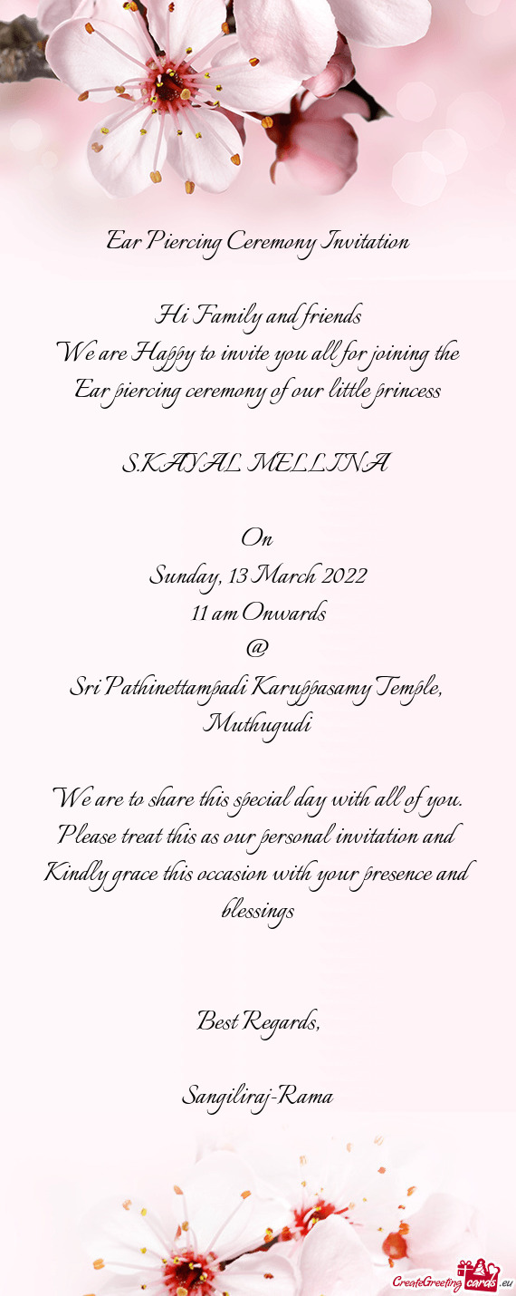 Ear Piercing Ceremony Invitation    Hi Family and friends