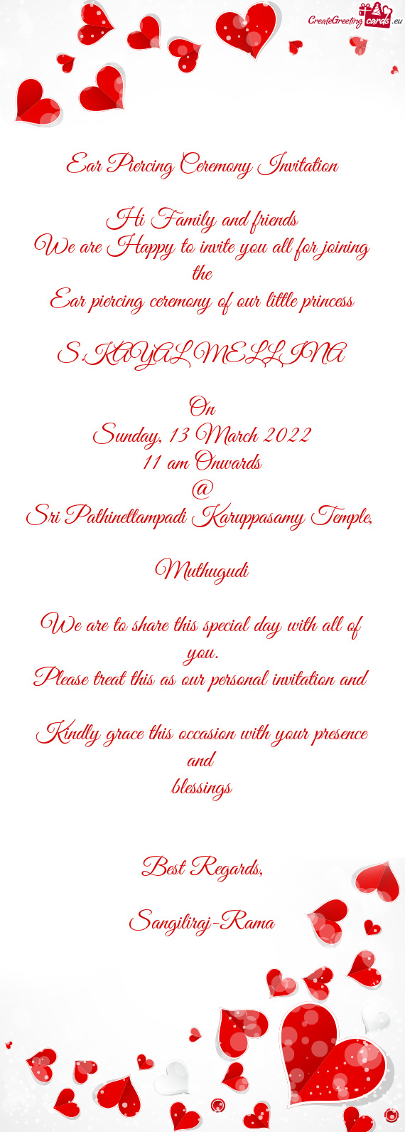 Ear Piercing Ceremony Invitation    Hi Family and friends