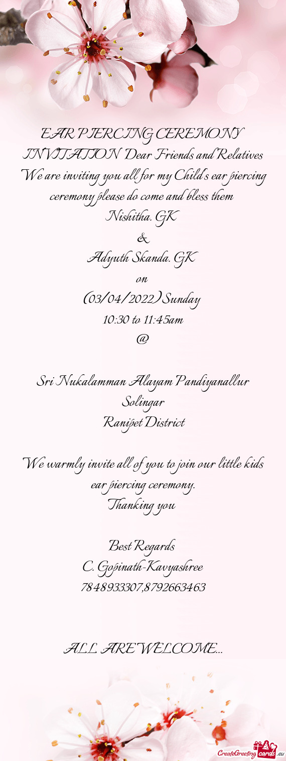 EAR PIERCING CEREMONY INVITATION Dear Friends and Relatives