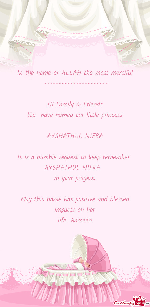 Ed our little princess
 
 AYSHATHUL NIFRA
 
 It is a humble request to keep remember 
 AYSHATHUL NIF