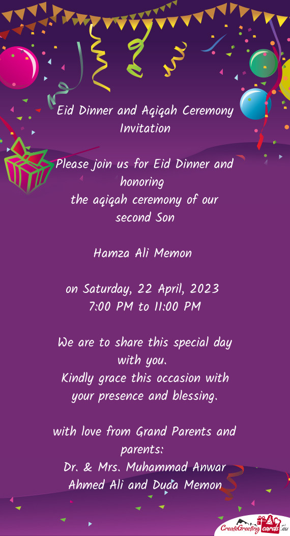 Eid Dinner and Aqiqah Ceremony Invitation