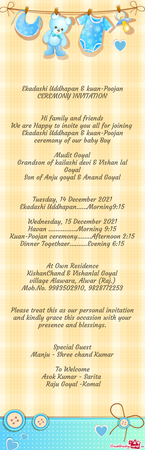 Ekadashi Uddhapan & kuan-Poojan CEREMONY INVITATION