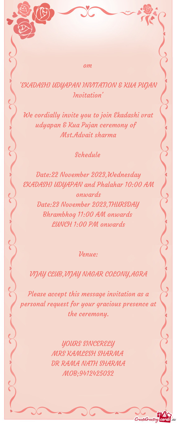 "EKADASHI UDYAPAN INVITATION & KUA PUJAN Invitation"