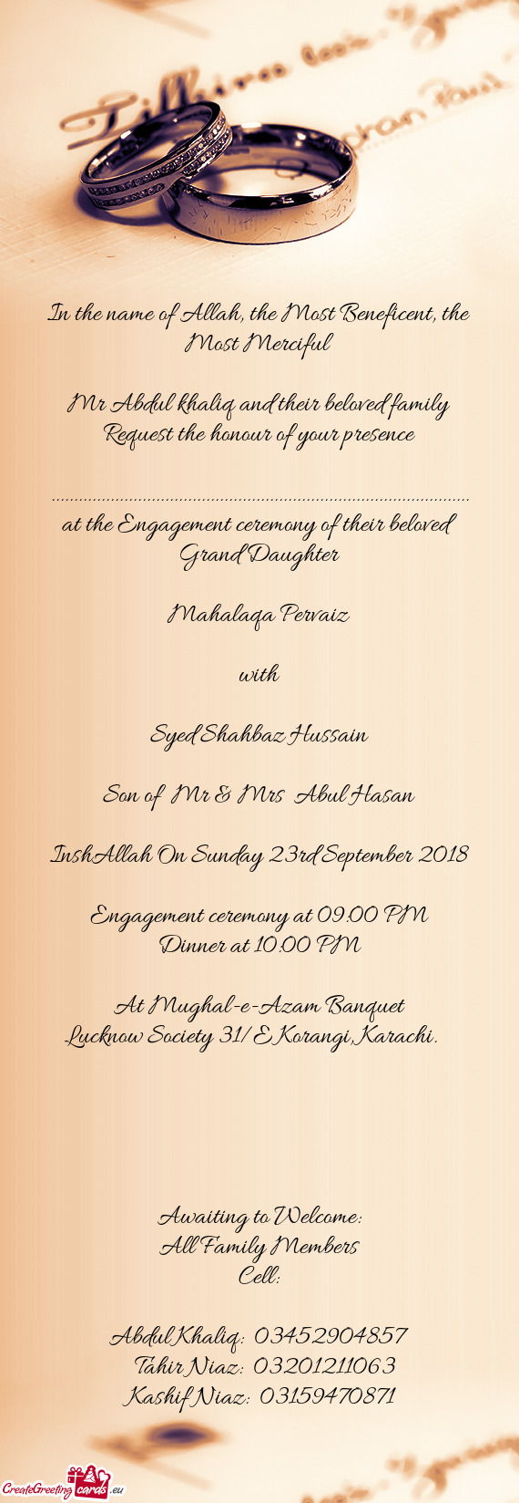 Engagement ceremony at 09:00 PM