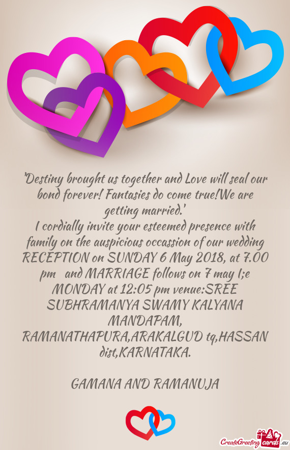 EPTION on SUNDAY 6 May 2018, at 7.00 pm and MARRIAGE follows on 7 may I;e MONDAY at 12:05 pm venue