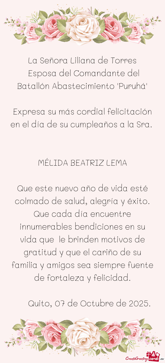 Esposa del Comandante del Batallón Abastecimiento "Puruhá"