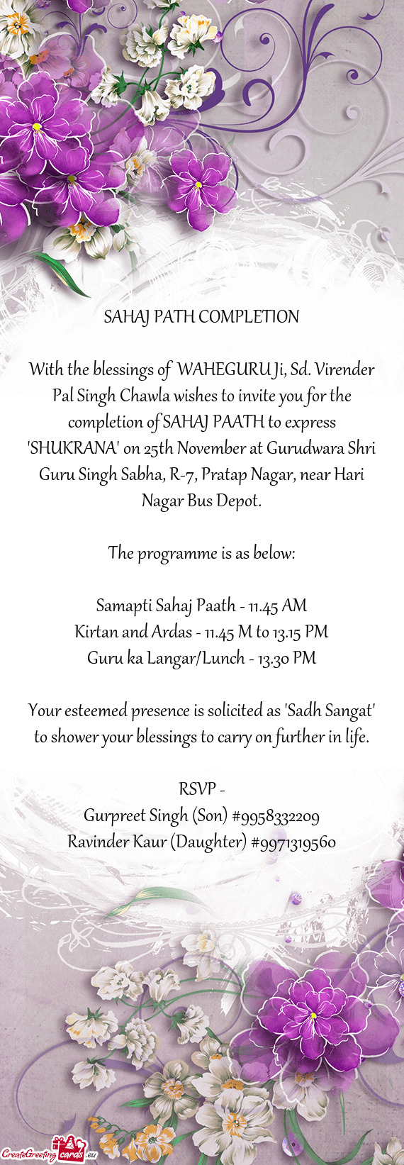 Etion of SAHAJ PAATH to express "SHUKRANA" on 25th November at Gurudwara Shri Guru Singh Sabha, R-7
