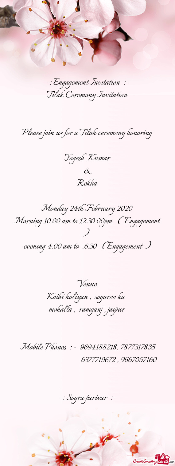 Evening 4.00 am to .6.30 ( Engagement )