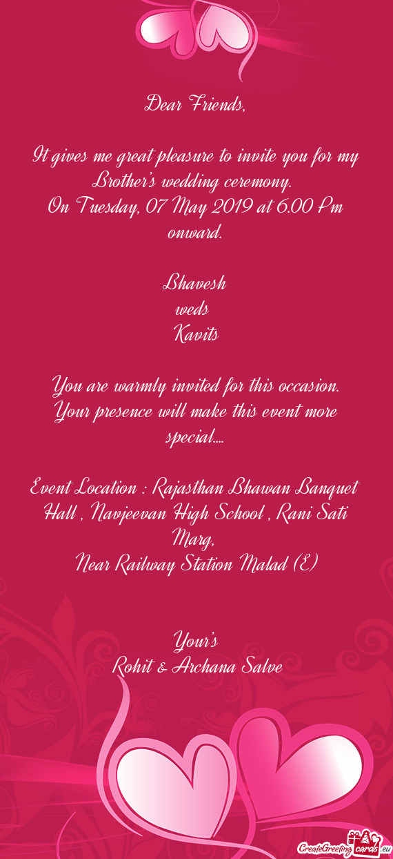 Event Location : Rajasthan Bhawan Banquet Hall , Navjeevan High School , Rani Sati Marg