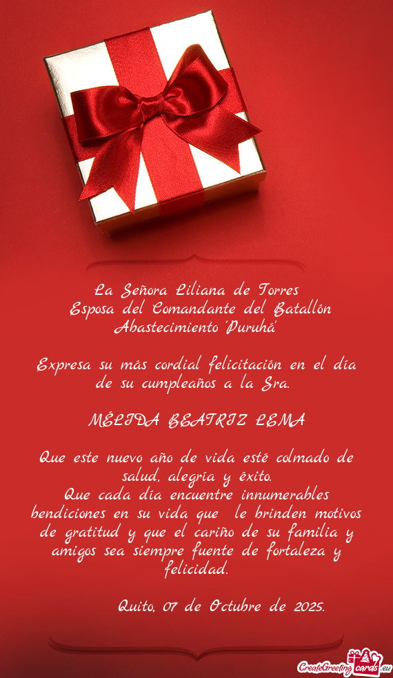 Expresa su más cordial felicitación en el día de su cumpleaños a la Sra