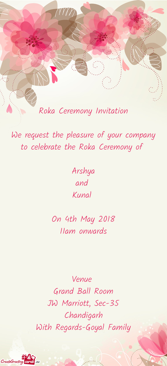 F 
 
 Arshya
 and 
 Kunal 
 
 On 4th May 2018
 11am onwards
 
 
 
 Venue 
 Grand Ball Room
 JW Marri