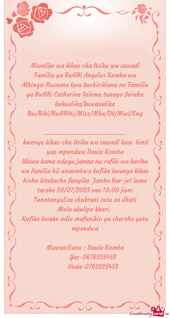 Familia ya Bw&Bi Angelus Komba wa Mbinga-Ruvuma kwa kushirikiana na Familia ya Bw&Bi Catherine Selem