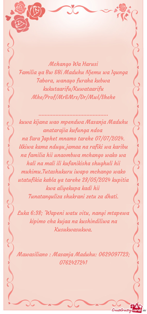 Familia ya Bw &Bi Maduhu Njemu wa Igunga Tabora, wanayo furaha kubwa kukutaarifu/Kuwataarifu