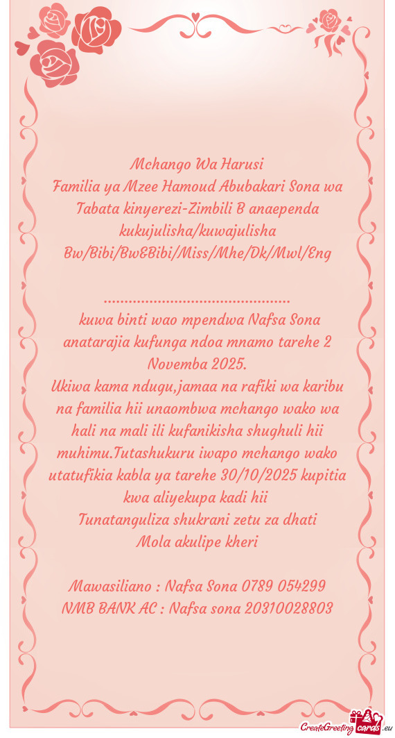 Familia ya Mzee Hamoud Abubakari Sona wa Tabata kinyerezi-Zimbili B anaependa kukujulisha/kuwajulish