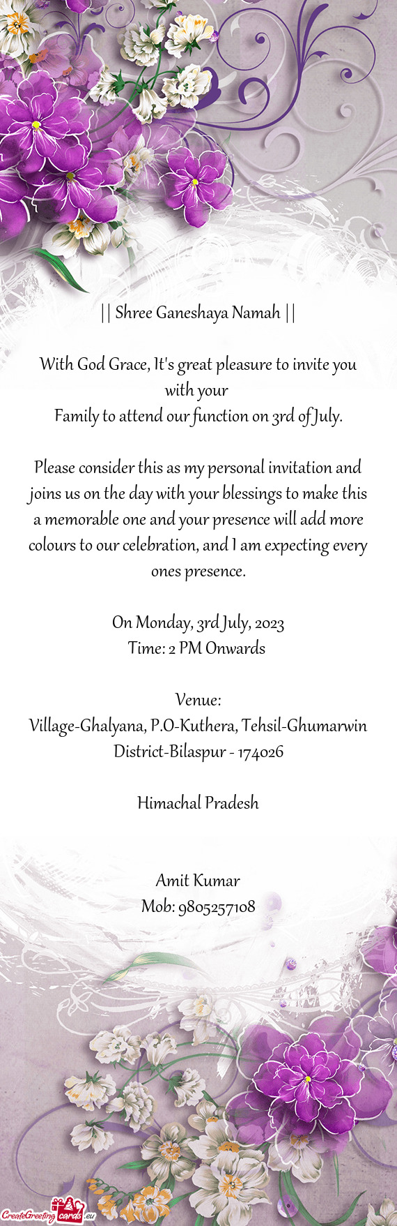 Family to attend our function on 3rd of July