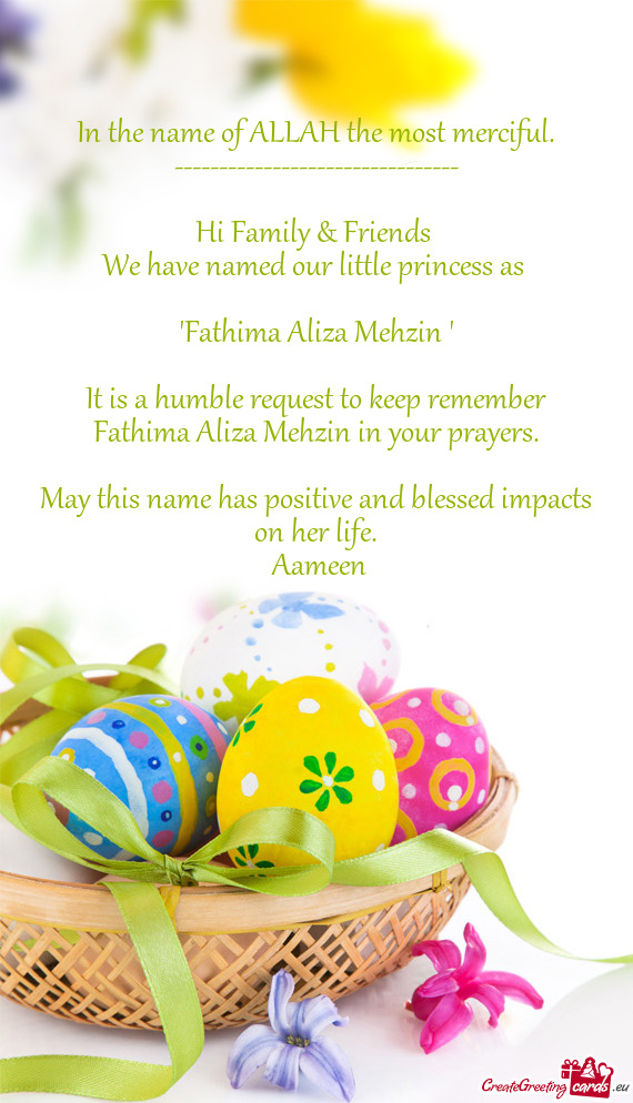 Fathima Aliza Mehzin in your prayers