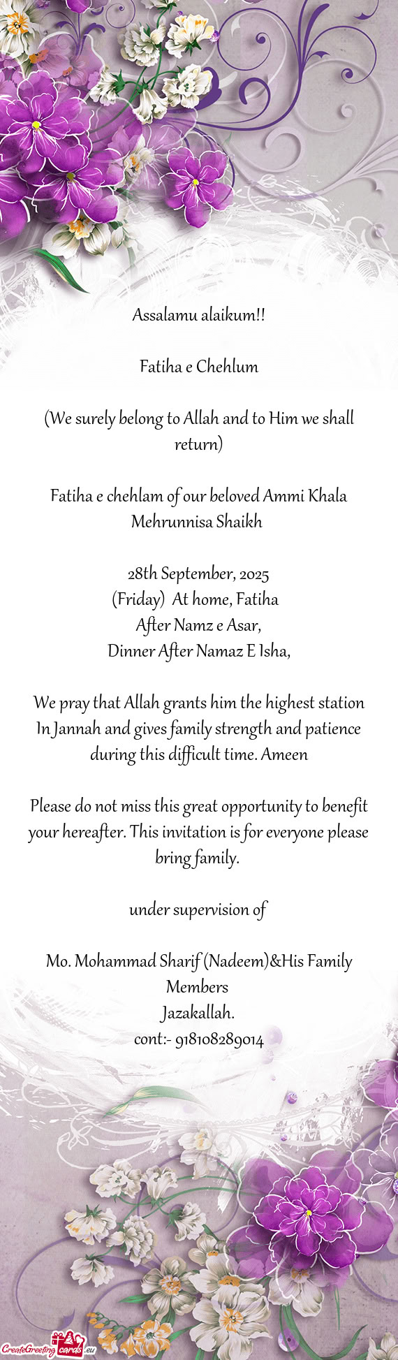 Fatiha e chehlam of our beloved Ammi Khala Mehrunnisa Shaikh
