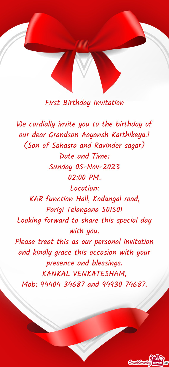 First Birthday Invitation We cordially invite you to the birthday of our dear Grandson Aayansh Ka