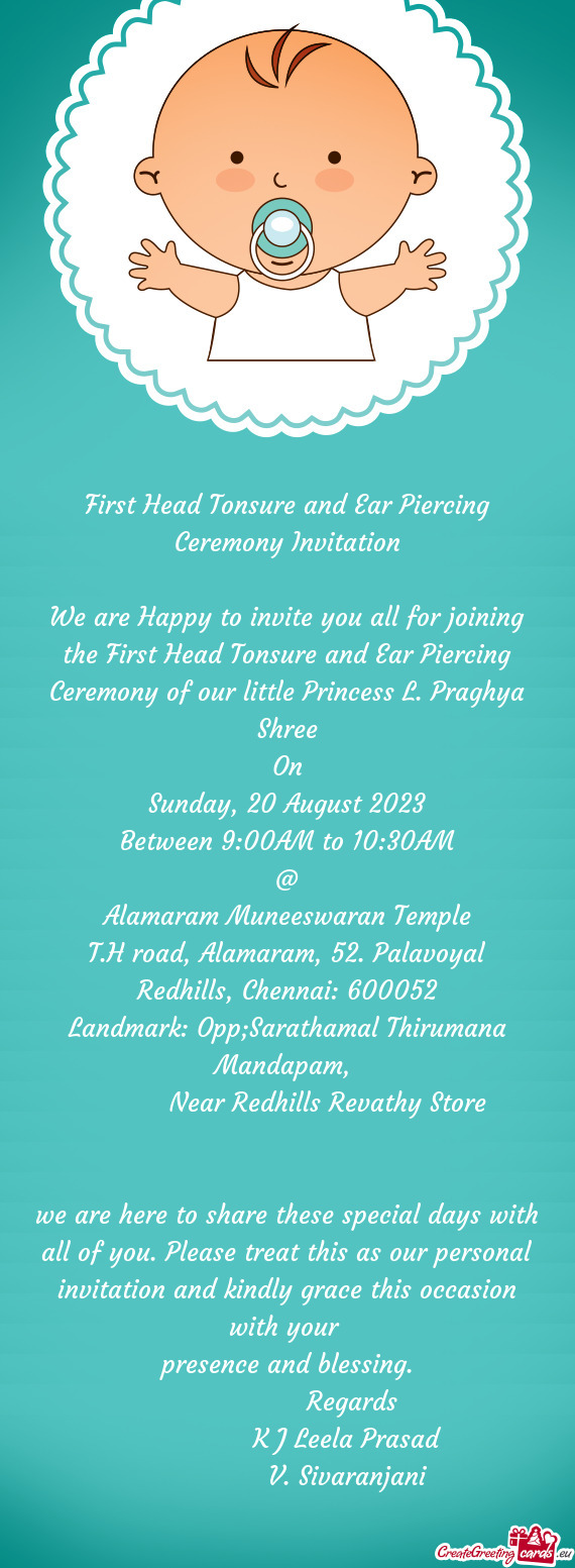 First Head Tonsure and Ear Piercing Ceremony Invitation