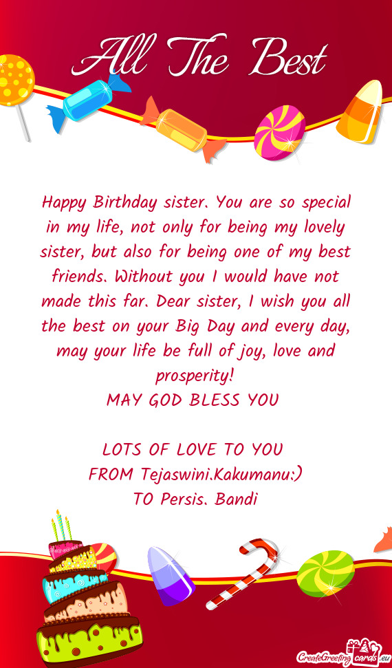 For being one of my best friends. Without you I would have not made this far. Dear sister, I wish yo