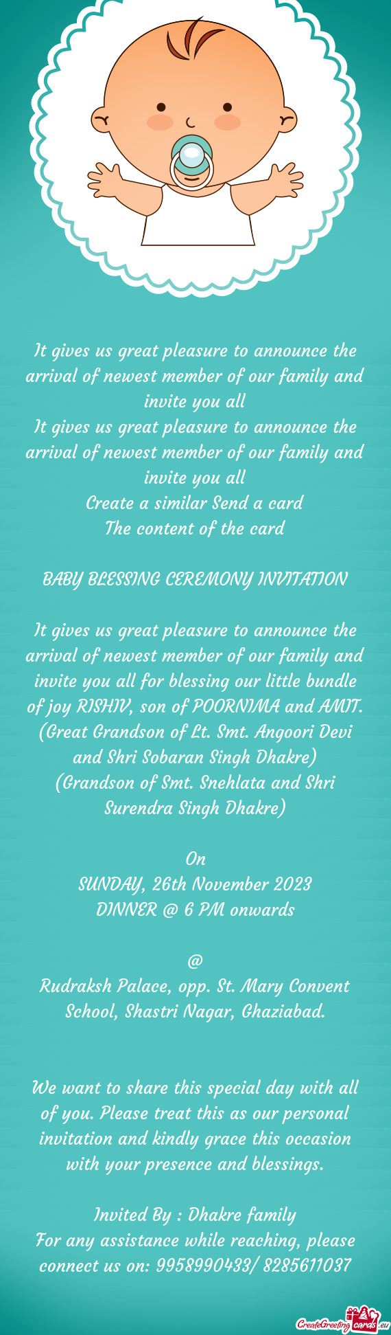 For blessing our little bundle of joy RISHIV, son of POORNIMA and AMIT