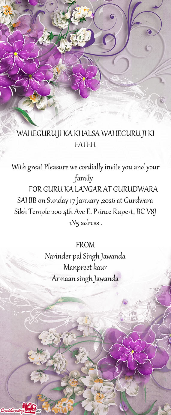 FOR GURU KA LANGAR AT GURUDWARA SAHIB on Sunday 17 January ,2026 at Gurdwara Sikh Temple