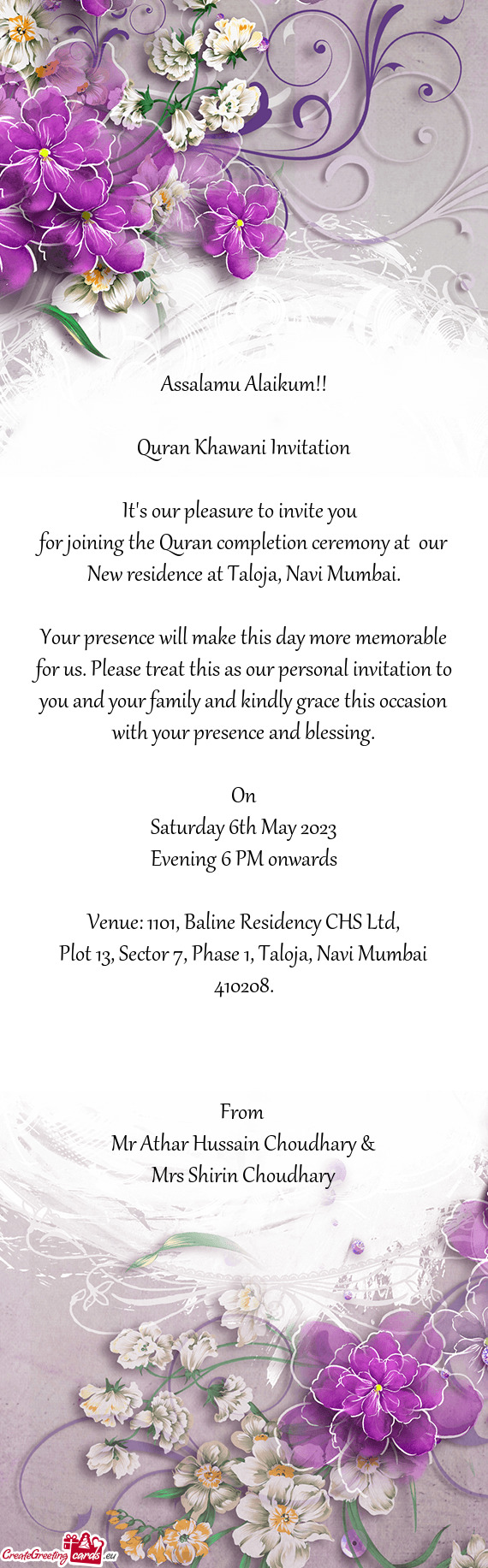 For joining the Quran completion ceremony at our New residence at Taloja, Navi Mumbai