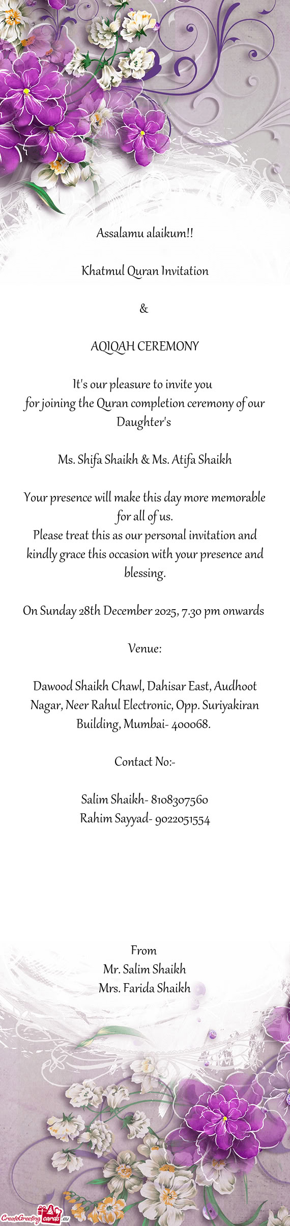 For joining the Quran completion ceremony of our Daughter's