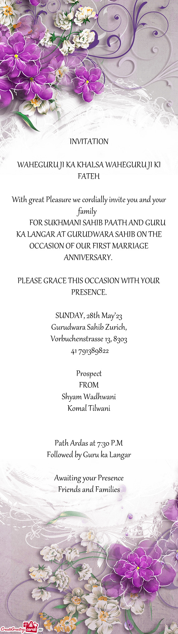 FOR SUKHMANI SAHIB PAATH AND GURU KA LANGAR AT GURUDWARA SAHIB ON THE OCCASION OF OUR FIR