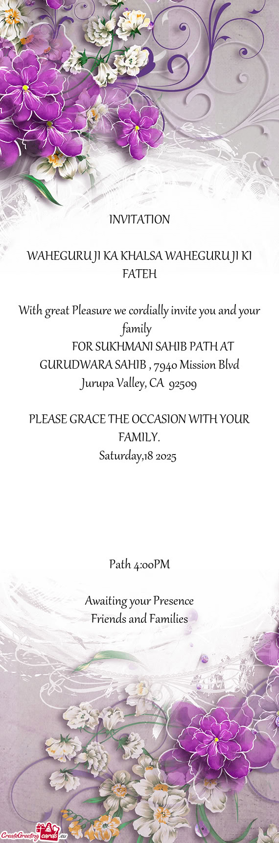FOR SUKHMANI SAHIB PATH AT GURUDWARA SAHIB , 7940 Mission Blvd