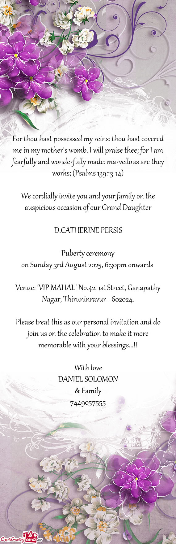 For thou hast possessed my reins: thou hast covered me in my mother