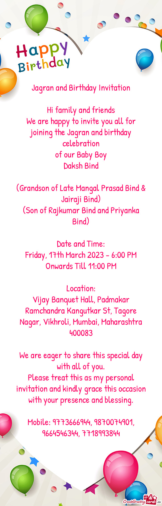 Friday, 17th March 2023 600 PM Onwards Till 1100 PM Free cards